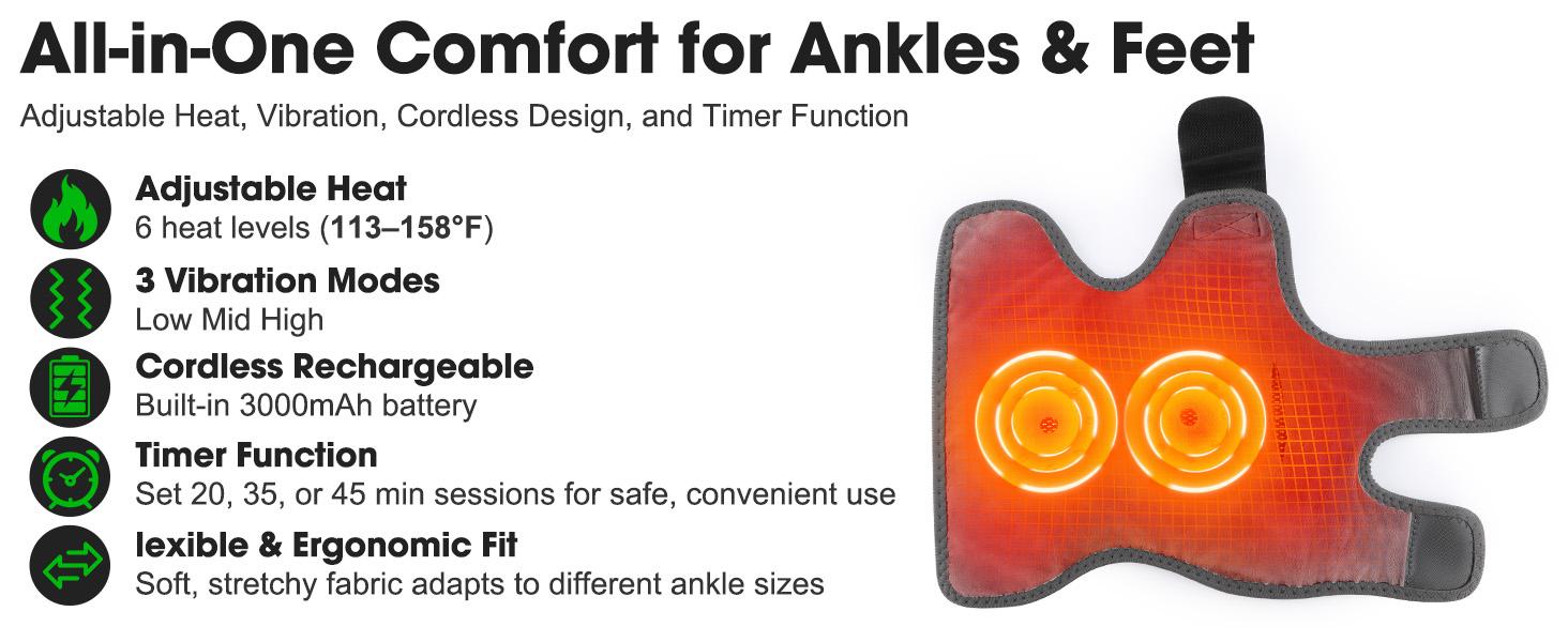 Cordless Ankle Massager for Pain Relief, Foot Massager for Neuropathy, Foot and Ankle Massager, Ankle Heating Pad with Massage, Adjustable Timer, 6 Heat Levels, 3 Vibration Modes, Single One ,Durable Ankle Support ,Durable Ankle Support