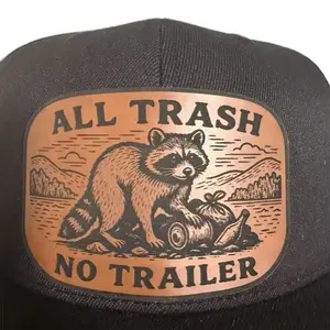 All Trash No Trailer Leatherette Patch Hat with Raccoon Design and Text Emblem