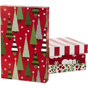 Hallmark Medium Christmas Gift Boxes with Lids (12 Shirt Boxes, 4 Designs: Trees, Stripes, Snowmen, Holly) for Christmas, Holiday Parties, Hostess Gifts Hallmark