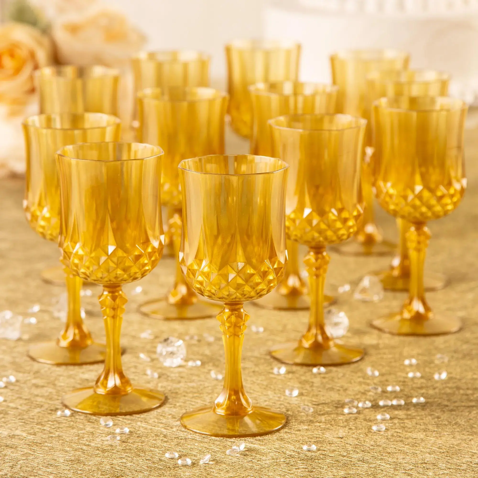 Stylish Bulk 48-Pc Durable Disposable Plastic Wine Glasses, Gold-Patterned for Drinks (Multicolor Option None)
