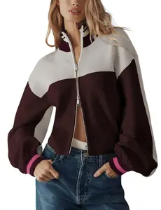 Women’s Double Zip Up Cardigan Sweater Long Sleeve Knitted Color Block Jacket Casual Outerwear Coat