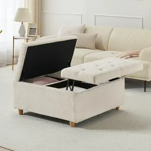 35 Inch Large Square Ottoman, Sherpa Fabric Upholstered Ottoman Coffee Table with Lift Top, Modern Tufted Ottoman Foot Rest, Square Storage Ottoman Bench for Living Room, Bedroom, Beige
