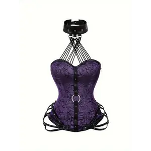 [Steampunk Corset Bustier] Purple Steampunk Corset Bustier - Elegant Gothic Style Lace-Up,Blend-Hand Washable Vintage-Inspired Violet Blue
