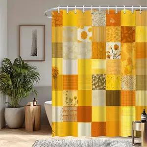 Yellow Flower Patchwork Shower Curtain Bathroom Decor Vintage Farmhouse Style Bathtub Divider Hanging Curtain with Hook