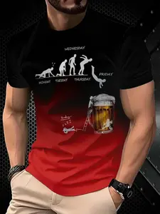 Men's 3D Printed Beer Evolution Graphic Knit Tee, Humorous Monday-Friday Human Evolution Design, Gradient Blue/ Fitted Casual Summer Outdoor Wear