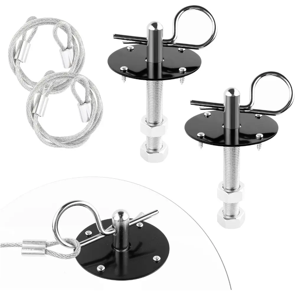 Stainless Steel Car Hood Pins Kit - Quick Latch for Shaking Reduction, Universal Fit for Most Cars, SUVs, Trucks, 2 1/2 Inch Diameter, 2x Hooks, 2x Racing Lanyard (Black), 2X Washers