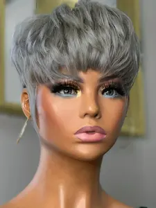 Short Pixie Cut Wig Grey Human Hair Wigs For Women Machine Made Wigs With Bangs Colored Short Wigs