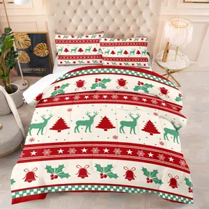 Christmas Reindeer and Pine Stripe Pattern, including 1 quilt and 1 or 2 pillowcases without pillowcores, suitable as Christmas gifts, soft children's and adult bedroom decorations