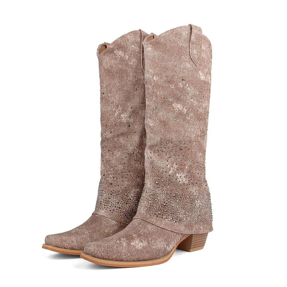 Women's Western Denim Fashion Booties, Mid-Calf Design with Sparkly Rhinestone Accents and Fold-Over Cuff, Pointed Toe Statement Shoes for a Cowboy Look, Casual Wear, Country Girl Aesthetic, Cowgirl And Outlaw Style