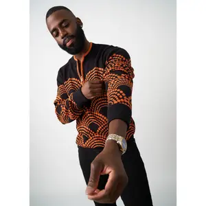 Kibo Men's African Print Quarter-Zip Sweater (Black Amber Dots)