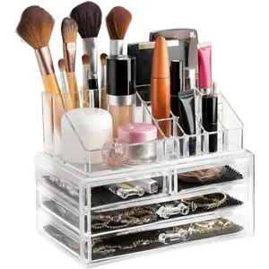 Clear Makeup Organizer - 16-Compartment Cosmetic and Jewelry Holder with 4 Drawers - Vanity Storage Box for Makeup, Skincare, Accessories, and Jewelry Display