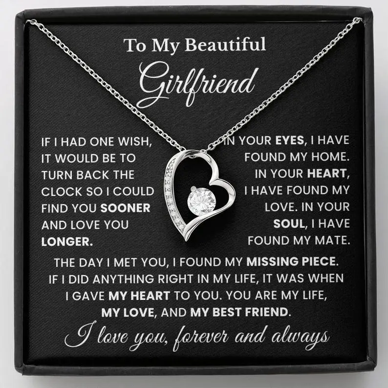 To My Beautiful Girlfriend Elegant Forever Love Heart Pendant Necklace Gift Box, Romantic Birthday Anniversary Valentine's Day Jewelry Gift for Girlfriend from Boyfriend, Silver Crystal Necklace