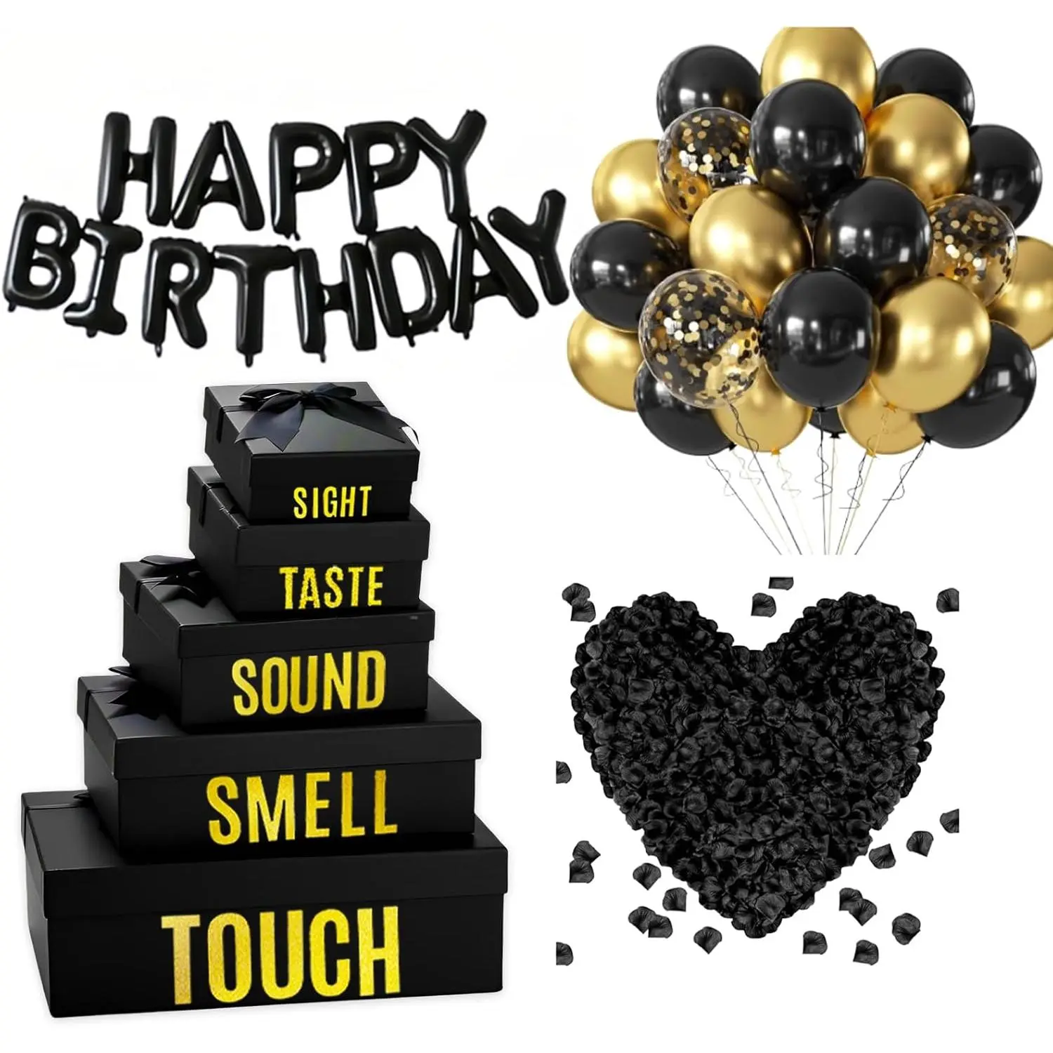 YIXAXKAO 5 Senses Gift Boxes for Him Five Senses Gift Birthday Decorations Black Nesting Gift Boxes With Lids Happy Birthday Banner Balloon for Husband Boyfriend (Black gold)