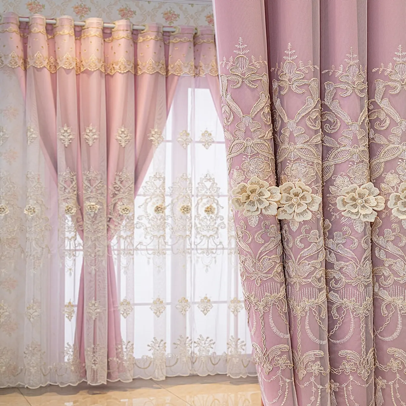 Luxury Double Layer Embroidered Blackout Curtains, 3D Relief Floral Fabric for Living Room & Bedroom, Stylish Home & Room Decor