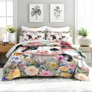 3pcs  Floral Cute Calf Comforter Set, Pastoral Soft Animal Pattern Themed Duvet Set for Girls and Adults Bedroom or Guest Room Decor, Lightweight Soft All Seasons Comforter Machine Washable Microfiber Quilt with 2 Pillowcases, Gifts for the Fami