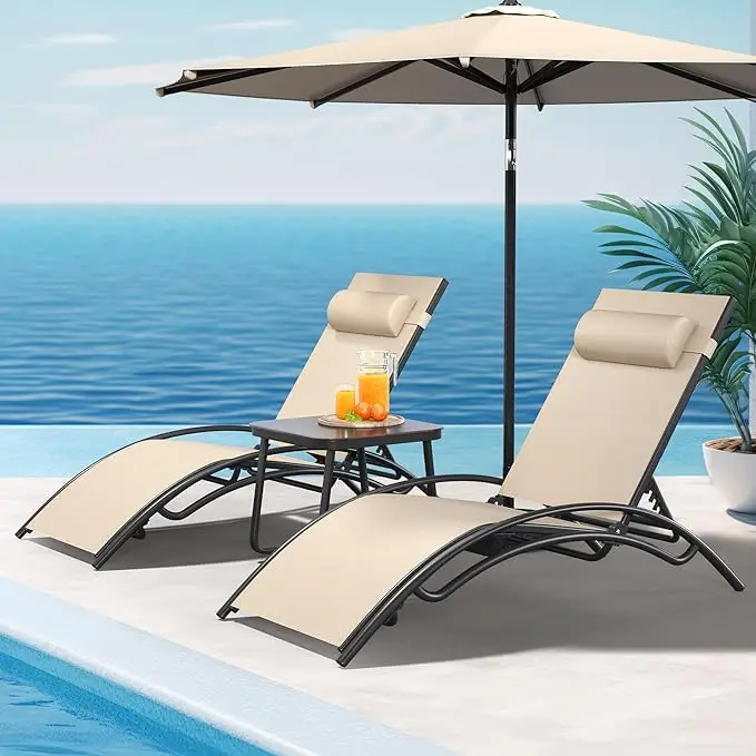 YITAHOME Outdoor Chaise Lounge Chair Set of 3, Pool Lounge Chairs with Side Table & 5-Position Adjustable Backrest, Sunbathing Recliner for Poolside,