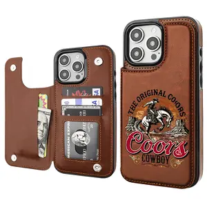 Cowboy Retro Coors Beer Lover Cow Trendy Vintage Western Style Card Holder Wallet Aesthetic Pattern Brown Casing For iphone 16 15 14 13 12 PRO PLUS MAX PU Leather Stylish Gift Shockproof Protection Anti-Drop Protective Protector Phone Cases Shell Cover