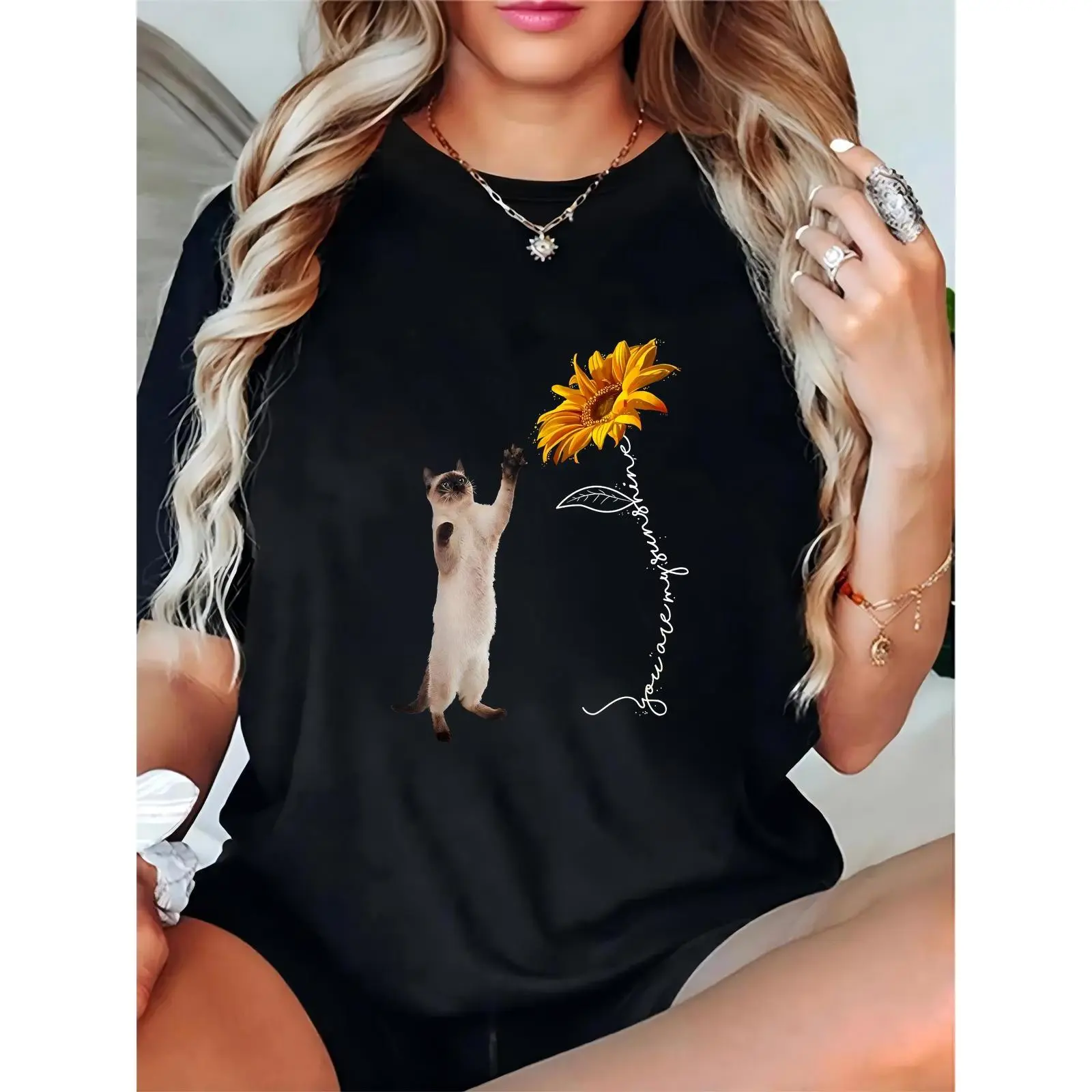 Women's 100% Cotton Short-Sleeve Crew Neck Top - Relaxed Fit, Lightweight, Breathable, Black Tshirt with Siamese Cat & Sunflower Graphic, Sunflower Quote, Casual Summer Wear for Cat Lovers, Pure Cotton, Loose, Lady, Round Neck, Breathable Fabric, Graphic,