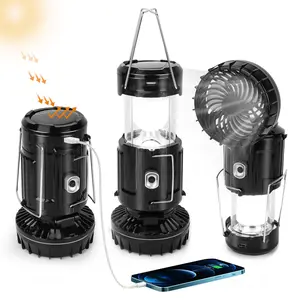 Multi-functional large capacity Camping Fan with LED Light, USB  Repalceable&Rechargeable Battery Powered Portable Fan with Hook Upgrade Solar Powered Camping Lantern Flashlights Charging for Phone Portable for Emergency Storm Foldable Fan for Tents