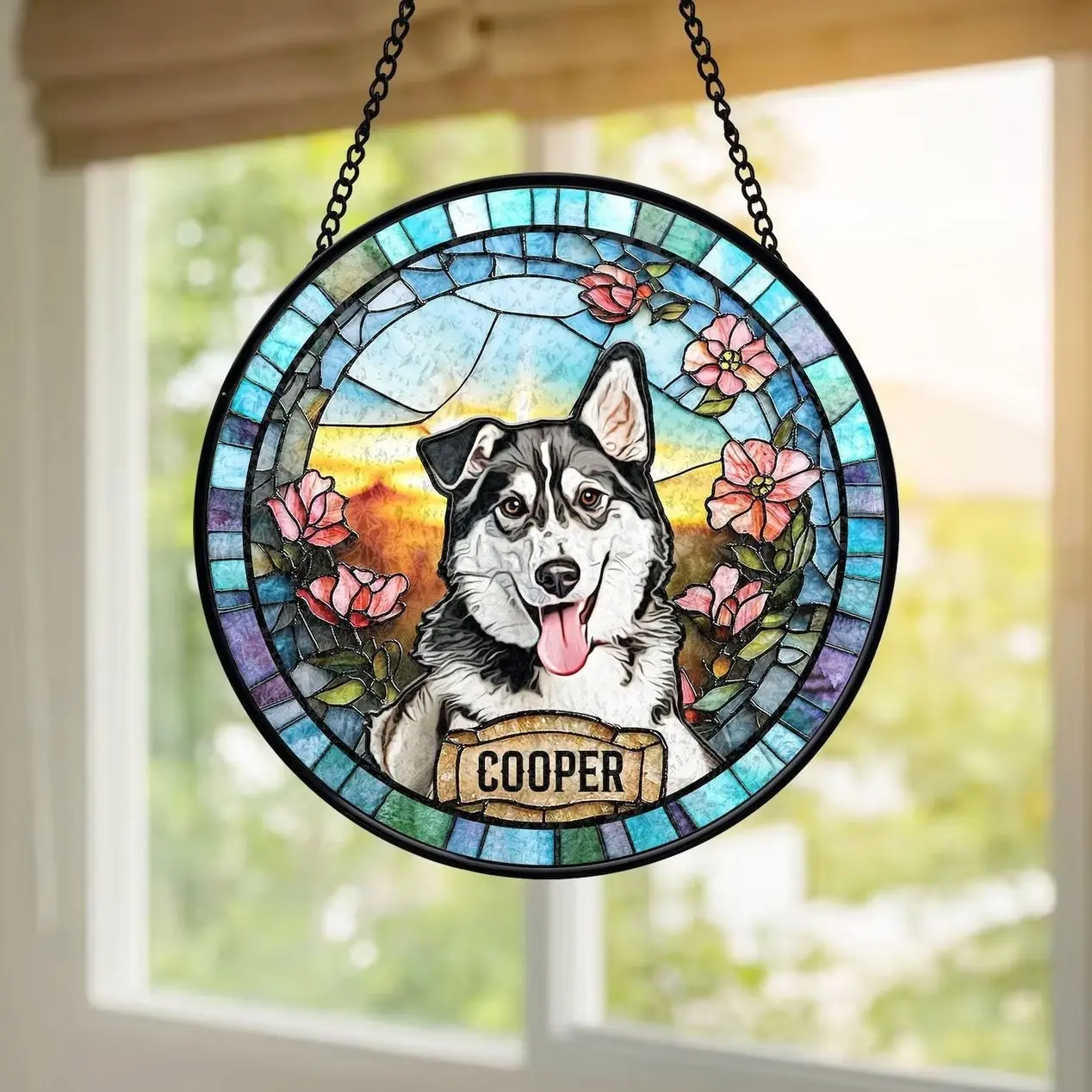 Personalized Dog Portrait Stained Glass Suncatcher, Custom Pet Memorial Stained Glass Photo Suncatcher