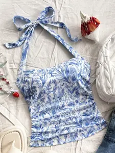 Y2K Multicolor Halter Tie Back Vest, Vintage Forest Slim Fit Short Top, Fashion All over Print, Casual Summer Wear