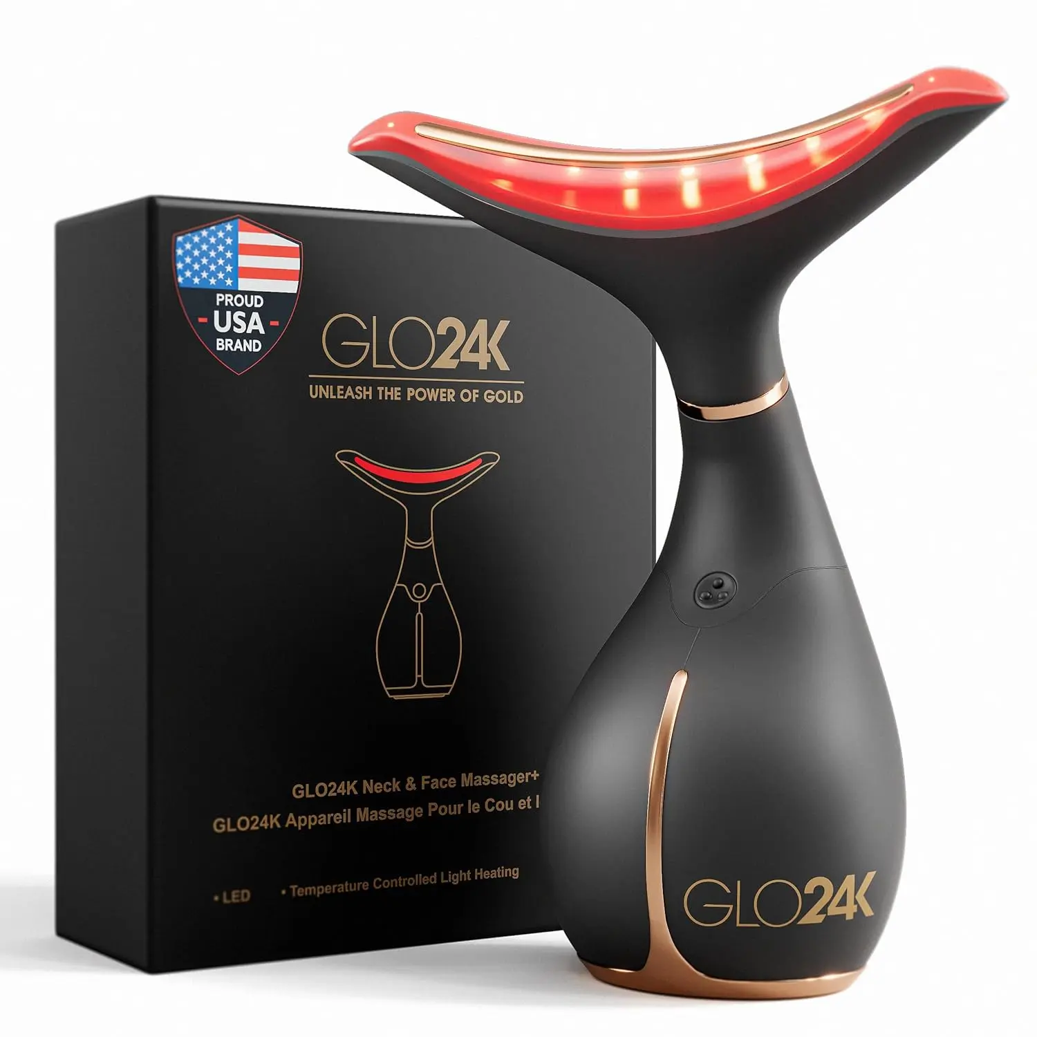 GLO24K Red Light Face & Neck Beauty Tool 3-in-1 Facial Massager with Vibration for Skin Revitalization & Neck Firming Rejuvenating with Conductive Hydra Gel.