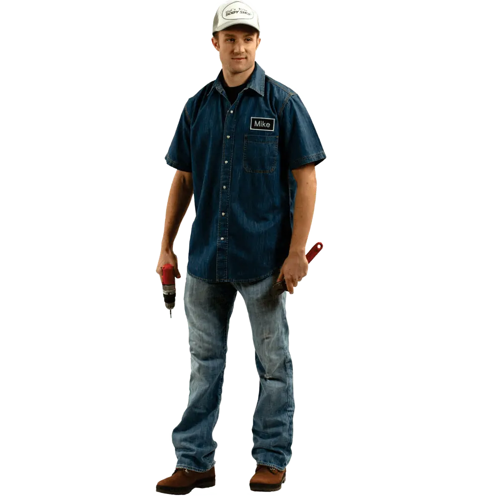 Mike Mechanic Costume For Adults | Denim Short Sleeve Shirt with Button Closure - One Size Fits Most - Pretend Play Fun & Role Play Outfit