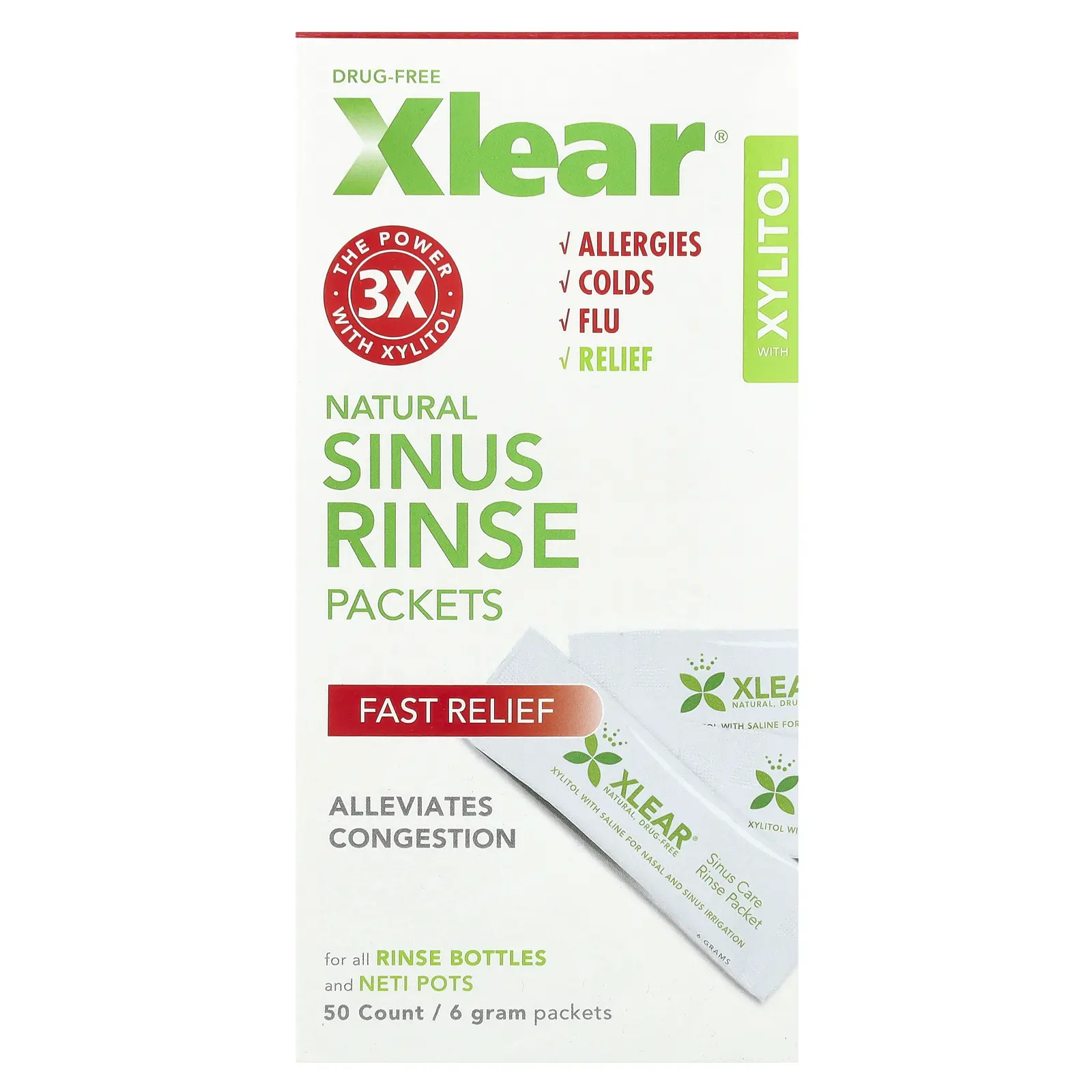 Xlear Natural Sinus Rinse Packets, 50 Packets, 6 g Each | HSA/FSA Eligible