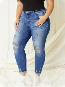 Women's Plus Size Elastic Washed Casual Ripped Skinny Fit Denim Jeans, Pockets, Button Fly, Long Hem, All Seasons, New Arrival
