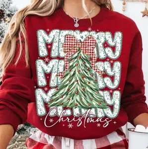 Cute Coquette Floral Merry Christmas Sweatshirt, Preppy Christmas Bow Sweater, Checkered Red Plaid Sweatshirt, Christmas Tree , Faux Glitter, Coquette Bow