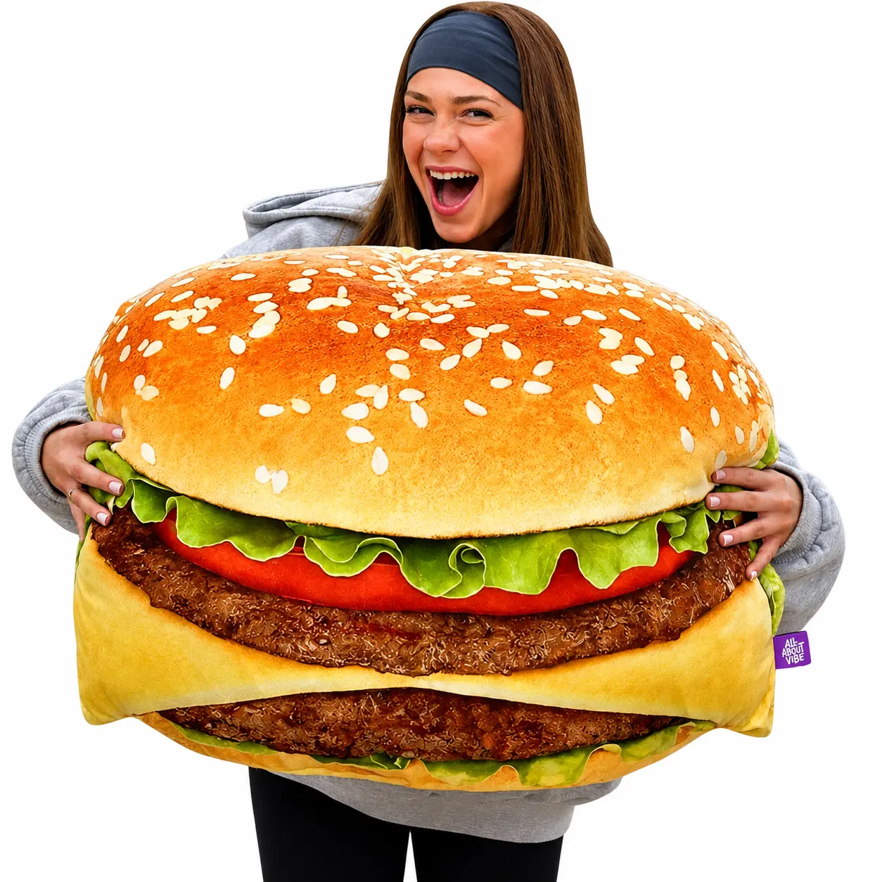 Burger Pillow | All About Vibe – Life-Like 3D Burger That'll Make People Do a Double Take | Funny Foodie Gift & Cozy Room Decor | Soft Plush, Made in USA