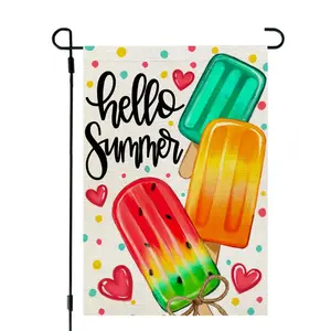 Hello Summer Popsicles In-Ground Festive Flag, 12x18 in Double-Sided Burlap Seasonal Welcome Outdoor Porch Decor (Flag Only), In-Ground Festive Flags