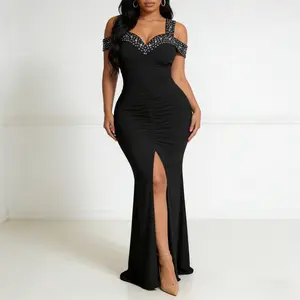 Lady's Rhinestone-Embellished Sleeveless Backless Ankle-Length Polyester Formal Gown with Zip, Elegant Basic Evening Dress for Weddings, Galas