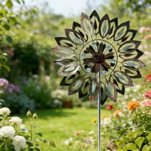 Outdoor Metal Windmill Garden Decor, Antique Bronze Finish, Rustic Yard Lawn Patio Ornament