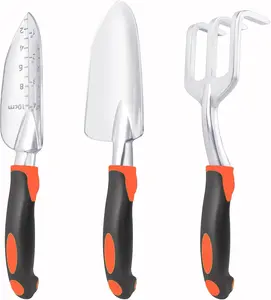 Garden Tools Set, 3 Pack Heavy Duty Gardening Tools Set Include Garden Shovel, Transplant Trowel and Hand Rake with Ergonomic Handle, Aluminum Alloy Lawn for Planting, Orange