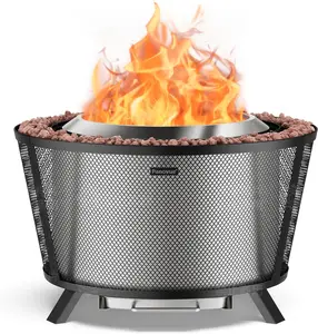 29” Large Capacity Smokeless Fire Pit for Outdoor Use, Heavy-Duty Wood Burning Fire Pit with Dual-Wall Construction, Mesh Shield, Pull-Out Ash Pan, Perfect for Stylish Patio and Backyard Gatherings