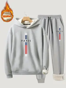 Men's Fall Winter Set Hoodie + Drawstring Pants, Paris Letter Print Design, Casual Sports Style 2 Piece Set, Soft Comfortable Fashion