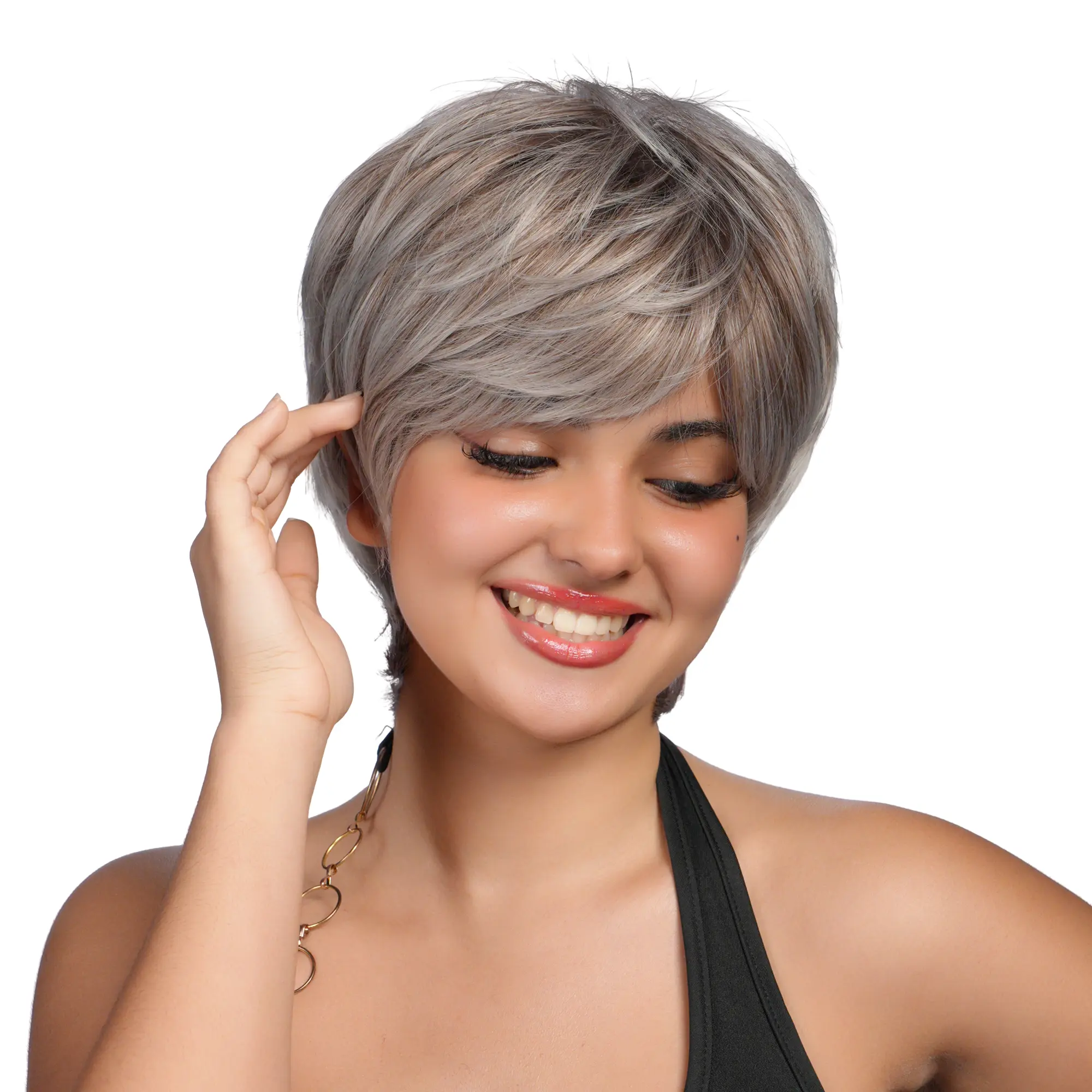 New 8-Inch Gray Frosted Rose-Gold Brown Perma-teased Straight Pixie Synthetic Wig |【Cap Included】| 63FSGB