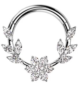 Laurel Flower Clear CZ Stainless Steel Hinged Segment Ring
