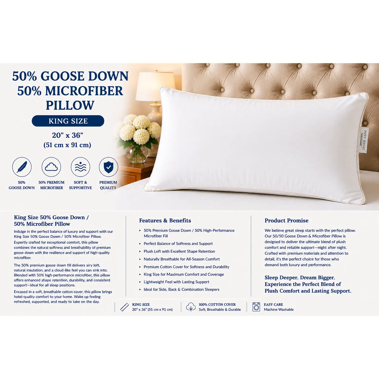 Luxury 50% Goose Down King Pillow