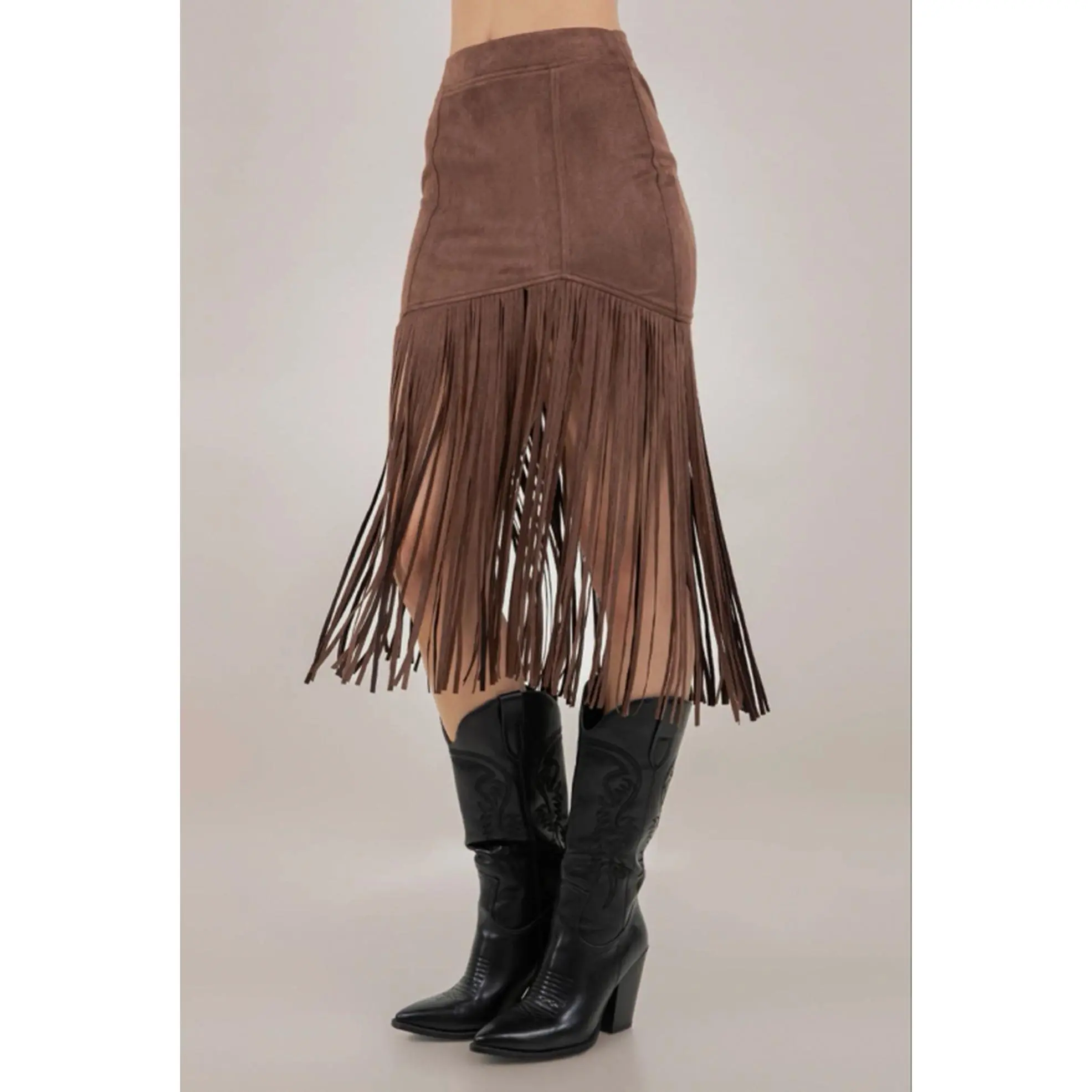 Chocolate Fringed Faux Suede Skirt with Fringe Detailing and Faux Suede Material