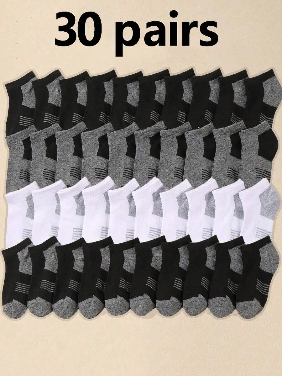 30 Pairs Unisex Kids' Color Block Mid-Calf Socks - Fashion Casual Sports Socks For Boys And Girls - Black, White, Gray Children Socks - Suitable For School, Sports And Daily Play