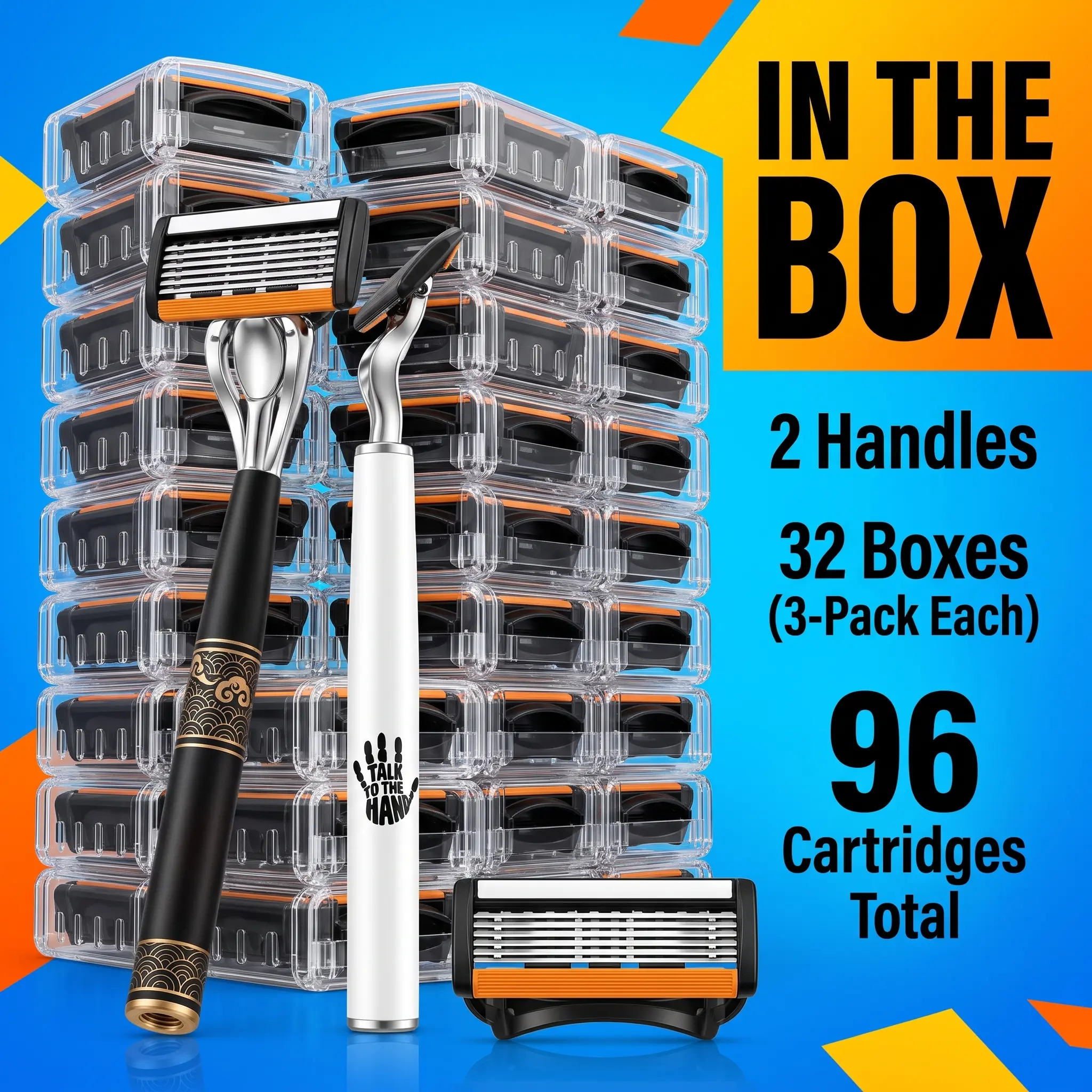 Men's 6-Blade Manual Razor Set with Metal Handles (2), 96 Refills & Lubricating Strip - Precision Crafted, Large Supply Replacement Blade Value Pack with Storage Boxes for Home/Office, Smooth Shave, Christmas Gift