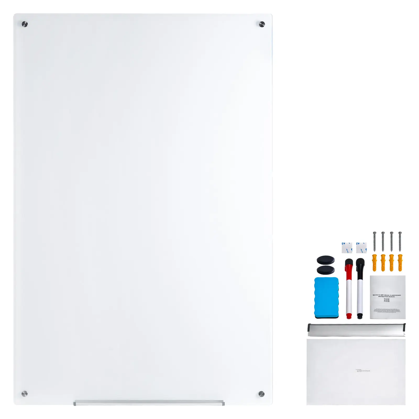 Magnetic Glass Whiteboard, Dry Erase Board 36"x24", Wall-Mounted Large White Glassboard Frameless, with Marker Tray, an Eraser and 2 Markers, White