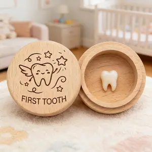 2Pcs Wooden Infant Hair And Tooth Storage Box Round Keepsake Organizer Case Toddler Milk Teeth Lanugo Collecting Box Lovely Souvenir Container For Kids Growth Memory Family Love Blessing Collection Supplies