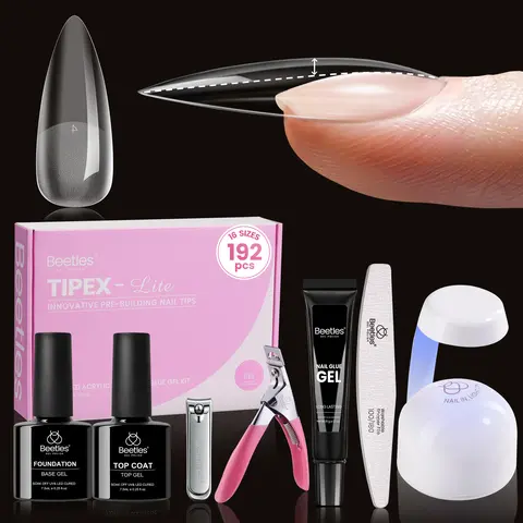 Beetles Tipex Lite Apex Pre-Shaped Acrylic Press On Nail Sets (192PCS) - All-in-1 Kit with UV Glue, Base Coat, Top Coat, Mini Lamp, Clipper, Cuticle Nipper, Etched Chic Stiletto Fake Nails, Acrylic Press On Nails