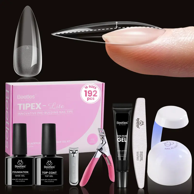 Beetles Tipex Lite Apex Pre-Shaped Acrylic Press On Nail Sets (192PCS) - All-in-1 Kit with UV Glue, Base Coat, Top Coat, Mini Lamp, Clipper, Cuticle Nipper, Etched Chic Stiletto Fake Nails, Acrylic Press On Nails