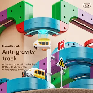Kids Magnetic Train Track Toy Set, 48/90/114 Pieces DIY Railway Model Building Blocks, Electric Assembly Maze Car, Educational Gift