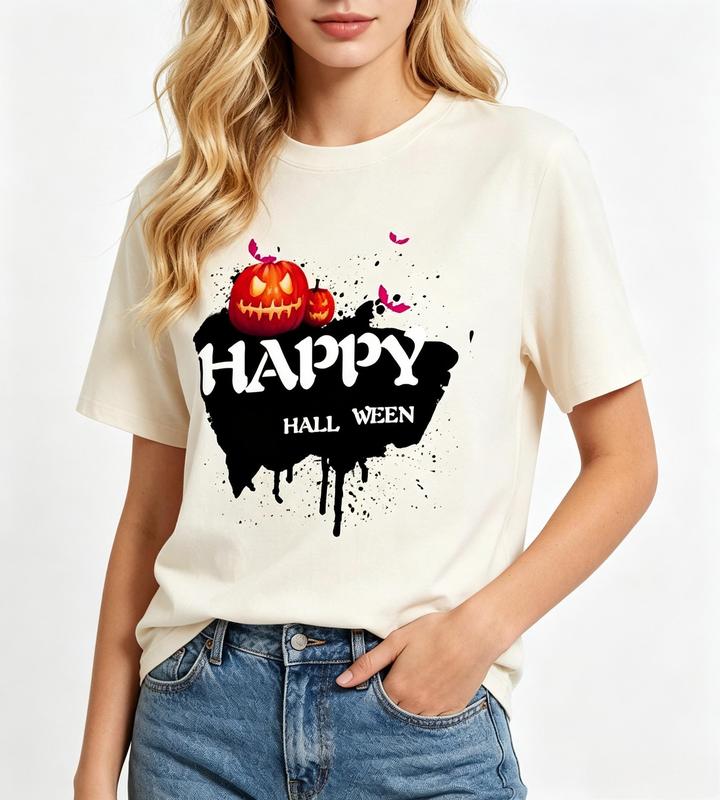 Women's Beige Pure Cotton Crew Neck T-Shirt - Short Sleeve, Fitted Cut, Lightweight, Happy Pumpkins Ink Splash Print, Casual Top for Halloween Spooky Season #sohochic