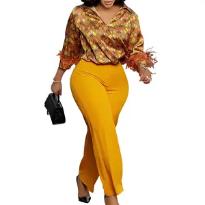 Red lace fabric formal women's printed long sleeved shirt and wide leg pants suit with elegant and fashionable African style for formal occasions